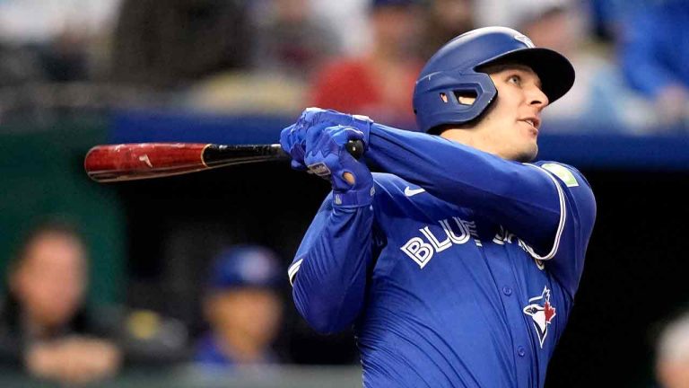 Toronto Blue Jays' Daulton Varsho hits a two-run home run during the sixth inning of a baseball game against the Kansas City Royals Monday, April 22, 2024, in Kansas City, Mo. (Charlie Riedel/AP)