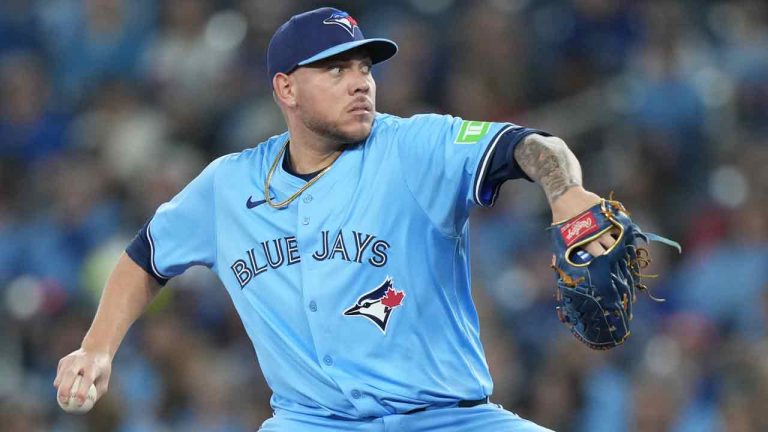 Toronto Blue Jays pitcher Yariel Rodríguez (29) throws against the Kansas City Royals during first inning MLB baseball action in Toronto on Monday, April 29, 2024. (Nathan Denette/CP)