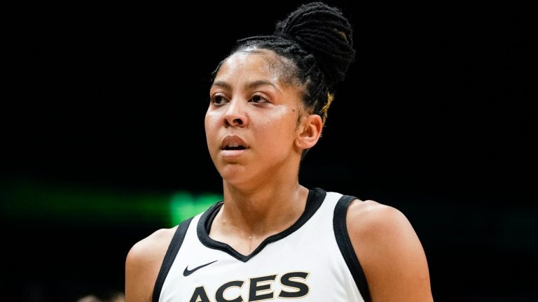 Las Vegas Aces forward Candace Parker looks on during the first half of a WNBA basketball game against the Seattle Storm, Saturday, May 20, 2023, in Seattle. The Aces won 105-64. (AP Photo/Lindsey Wasson)