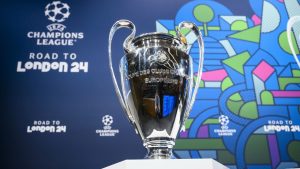 The Champions League trophy is pictured during the quarter-final draw of the UEFA Champions League 2023/24, at the UEFA Headquarters in Nyon, Switzerland, Friday, March 15, 2024. (AP)