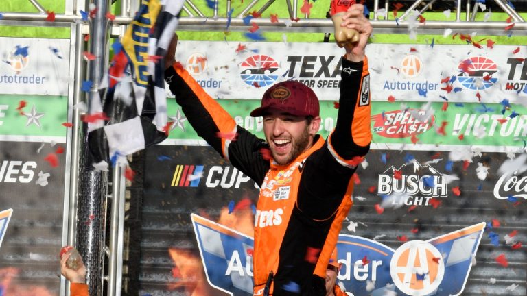 Chase Elliott celebrates his win in a NASCAR Cup Series auto race at Texas Motor Speedway in Fort Worth, Texas, Sunday, April 14, 2024. (AP Photo/Randy Holt)