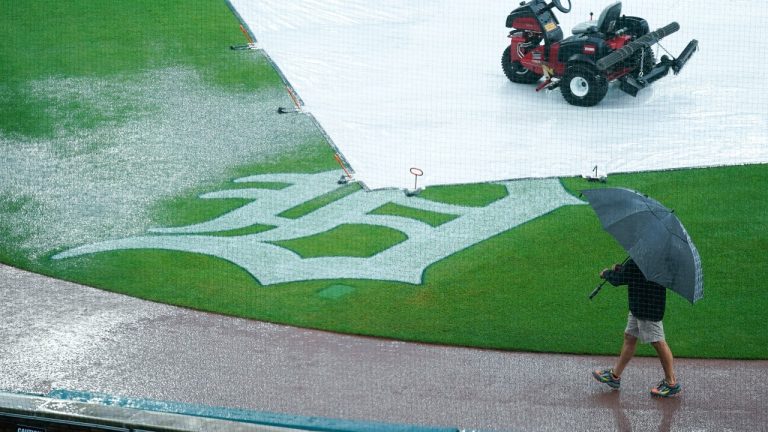 Rain falls on Comerica Park before a baseball game. (Paul Sancya/AP)