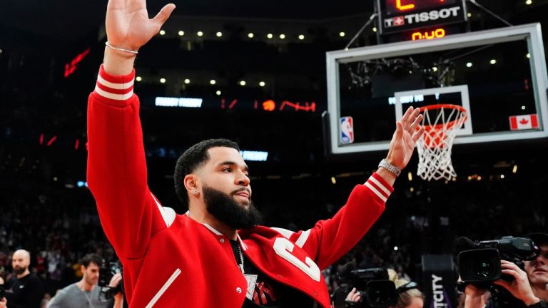 Houston Rockets guard and former Toronto Raptor Fred VanVleet acknowledges the crowd prior to first half NBA basketball action against the Raptors in Toronto on Friday, February 9, 2024. (Frank Gunn/CP Photo)