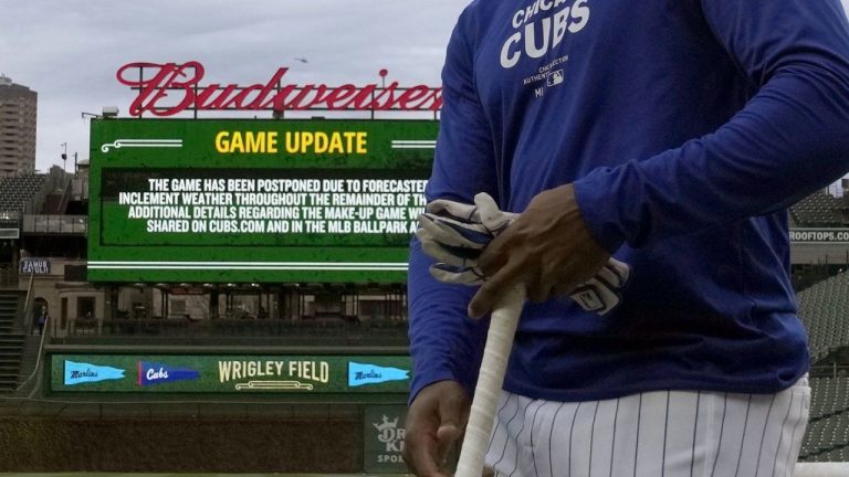 Chicago Cubs' Alexander Canario walks to the dugout after batting practice and shortly after the team's baseball game against the Miami Marlins was postponed Thursday, April 18, 2024, in Chicago. (Charles Rex Arbogast/AP Photo)
