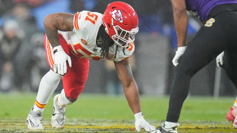 Kansas City Chiefs defensive end Mike Danna (51) lines up during the AFC Championship NFL football game. (Julio Cortez/AP)