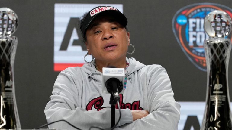 South Carolina head coach Dawn Staley speaks during a news conference announcing the AP NCAA Women's Coach of the Year Thursday, April 4, 2024, in Cleveland. (Morry Gash/AP Photo)