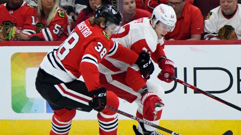 Chicago Blackhawks' Ethan Del Mastro (38) and Detroit Red Wings' Matt Luff (22) compete for the puck. (Paul Beaty/AP)