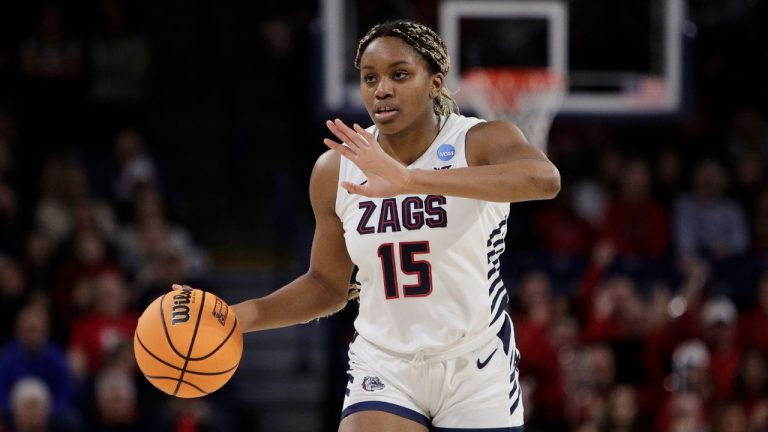 Gonzaga forward Yvonne Ejim controls the ball during the second half of a second-round college basketball game against Utah in the NCAA Tournament in Spokane, Wash., Monday, March 25, 2024. (Young Kwak/AP Photo)