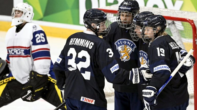 From left, Emil Hemming, Lauri Sinivuori, goalscorer Joona Saarelainen and Konsta Helenius of Finland celebrating after scoring 3-0 during match Finland vs Norway at the 2024 IIHF ice hockey U18 world championships in Espoo, Finland on April 26, 2024. Goalkeeper Markus Walberg is beaten. LEHTIKUVA / EMMI KORHONEN