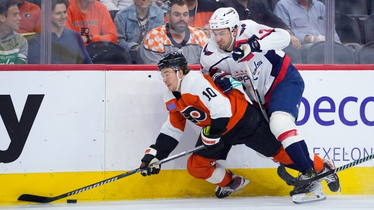 Washington Capitals' Vincent Iorio, right, collides with Philadelphia Flyers' Bobby Brink during the first period of an NHL hockey game, Tuesday, April 16, 2024, in Philadelphia. (Matt Slocum/AP)