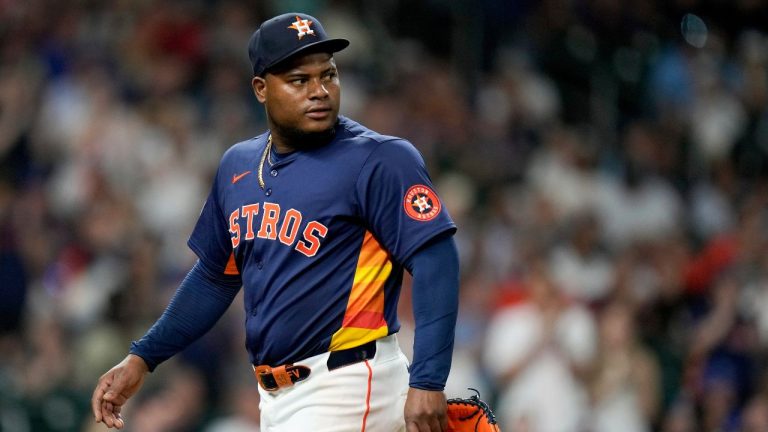 Houston Astros starting pitcher Framber Valdez walks to the dugout after being removed from the game during the eighth inning of a baseball game against the Toronto Blue Jays, Tuesday, April 2, 2024, in Houston. (Eric Christian Smith/AP Photo)