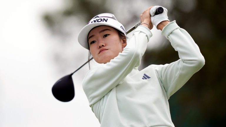 Grace Kim hits from the 16th tee during the first round of the LPGA LA Championship golf tournament at Wilshire Country Club, Thursday, April 25, 2024, in Los Angeles. (AP/Ryan Sun)