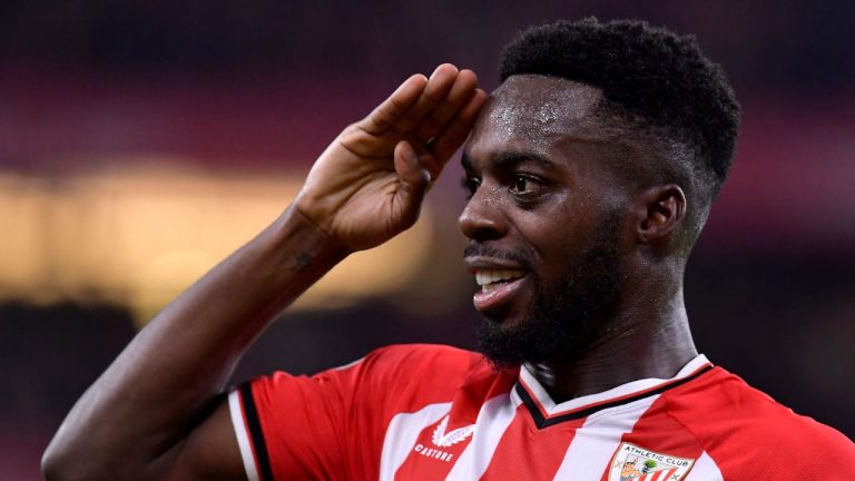 Athletic Bilbao's Inaki Williams celebrates scoring his side's third goal during the Copa del Rey quarterfinals soccer match between Athletic Bilbao and Barcelona at the San Mames stadium in Bilbao, Spain, on Wednesday, Jan. 24, 2024. (Alvaro Barrientos/AP Photo)