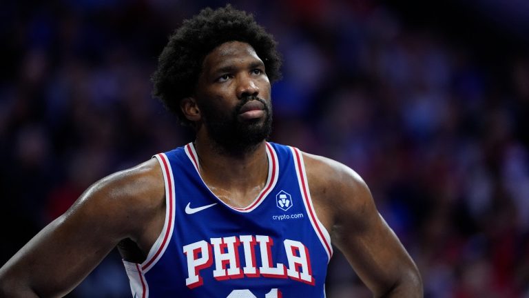 Philadelphia 76ers' Joel Embiid plays during Game 3 in an NBA basketball first-round playoff series, Thursday, April 25, 2024, in Philadelphia. (AP Photo/Matt Slocum)