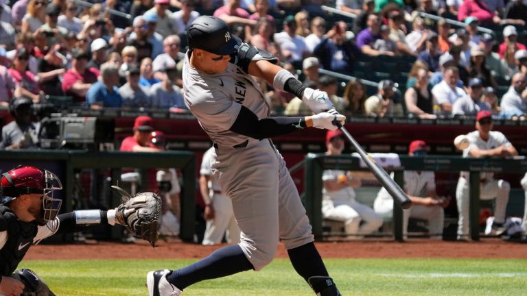 New York Yankees center fielder Aaron Judge hits a two run home run against the Arizona Diamondbacks in the fourth inning during a baseball game, Wednesday, April 3, 2024, in Phoenix. (Rick Scuteri/AP Photo)
