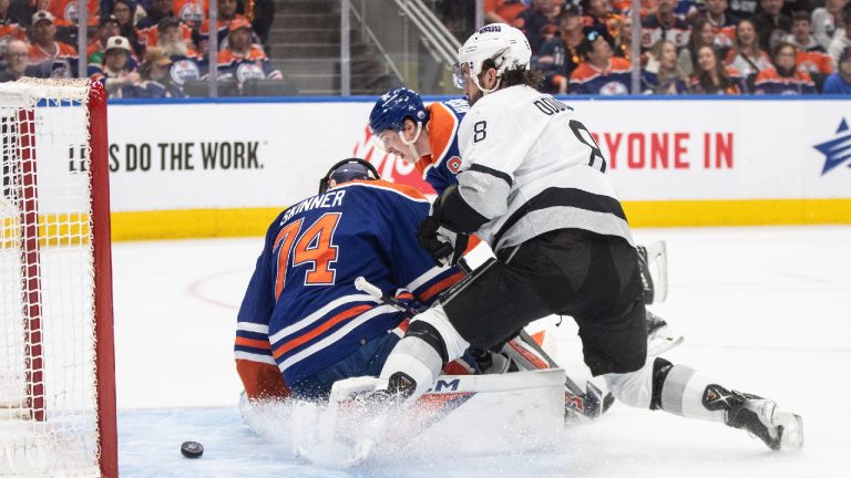 Los Angeles Kings' Drew Doughty (8) scores a goal on Edmonton Oilers goalie Stuart Skinner (74) during first period NHL playoff action in Edmonton on Wednesday April 24, 2024. (Jason Franson/CP)