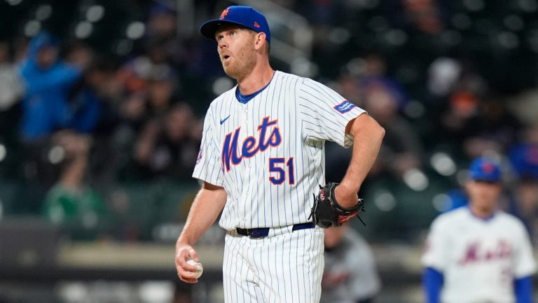 New York Mets relief pitcher Michael Tonkin (51) reacts after Detroit Tigers' Gio Urshela reached first base for a single during the tenth inning of a baseball game Monday, April 1, 2024, in New York. The Tigers won 5-0. (AP Photo/Frank Franklin II)