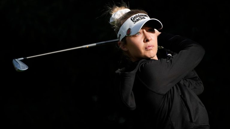 Nelly Korda hits from the 11th tee during the second round of the LPGA T-Mobile Match Play golf tournament Thursday, April 4, 2024, in North Las Vegas, Nev. (AP Photo/John Locher)