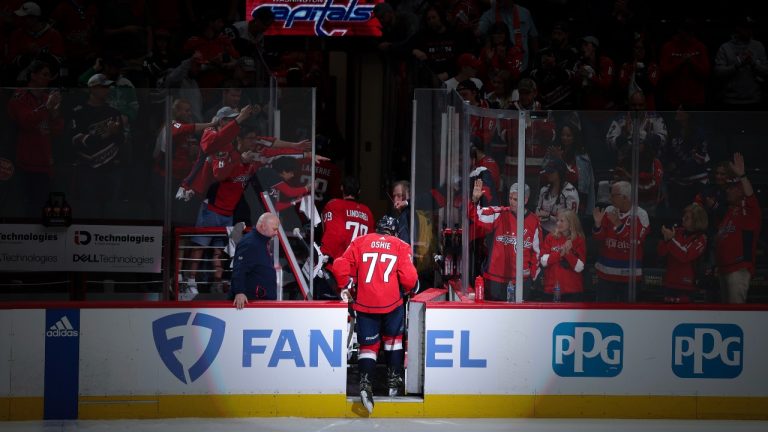 Washington Capitals right wing T.J. Oshie (77) exits the ice after being eliminated by the New York Rangers in Game 4 of an NHL hockey Stanley Cup first-round playoff series Sunday, April 28, 2024, in Washington. (Tom Brenner/AP)