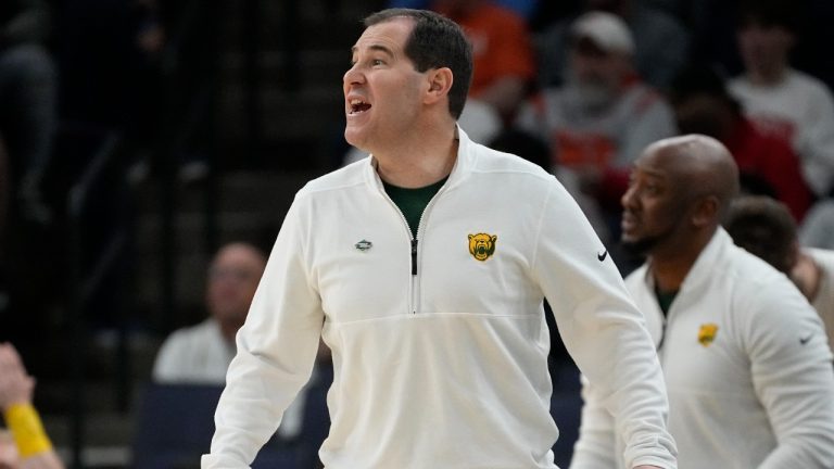 Baylor head coach Scott Drew yells to his players during the first half of a first-round college basketball game against the Colgate in the NCAA Tournament. (George Walker IV/AP)