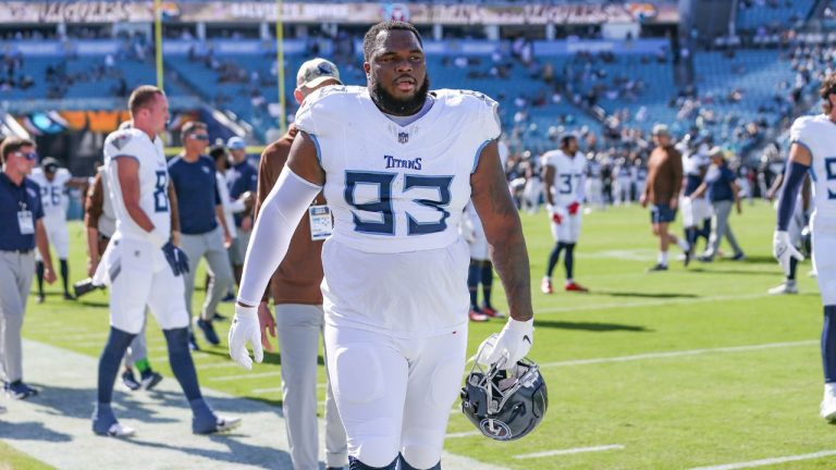 Tennessee Titans defensive tackle Teair Tart walks off the field after warms up before an NFL football game against the Jacksonville Jaguars, Sunday, Nov. 19, 2023, in Jacksonville, Fla. (Gary McCullough/AP Photo)