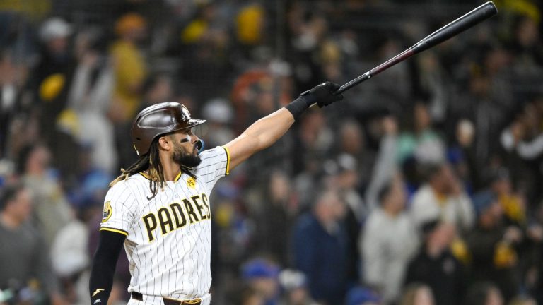 San Diego Padres' Fernando Tatis Jr. watches the flight of his two-run home run during the eighth inning of a baseball game against the Chicago Cubs, Monday, April 8, 2024, in San Diego. (Denis Poroy/AP)
