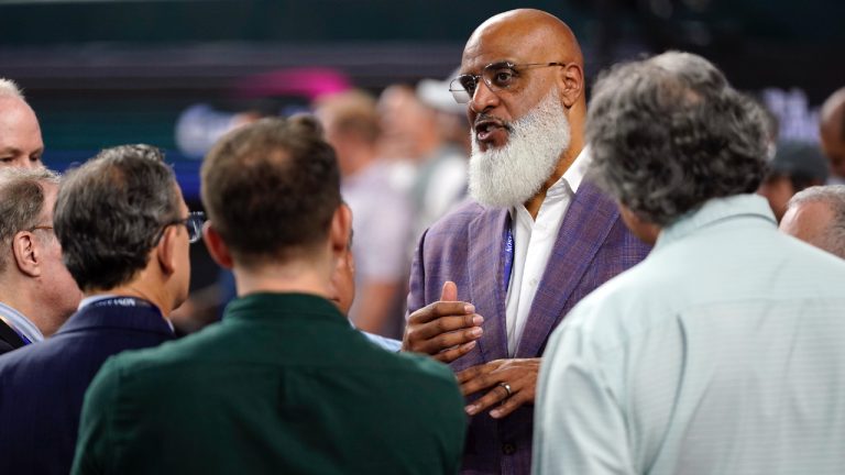 Executive Director of the Major League Baseball Players Association Tony Clark talks with reporters before Game 1 of the baseball World Series Friday, Oct. 27, 2023, in Arlington, Texas. (Godofredo A. Vásquez/AP)