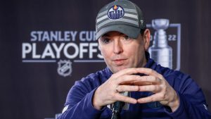 Edmonton Oilers head coach Jay Woodcroft speaks at a media availability in Edmonton, Monday, May 23, 2022. (Jeff McIntosh/CP Photo)