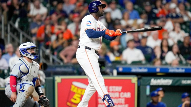 Houston Astros' Yordan Alvarez watches his solo home run against the Toronto Blue Jays during the third inning of a baseball game Wednesday, April 3, 2024, in Houston. (AP Photo/Eric Christian Smith)