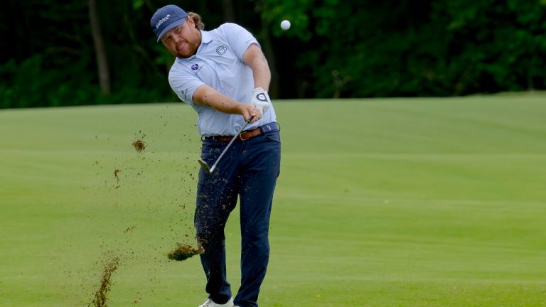 Zac Blair hits on the 16th hole during the third round of the PGA Zurich Classic golf tournament at TPC Louisiana in Avondale, La., Saturday, April 27, 2024. (AP Photo/Matthew Hinton)