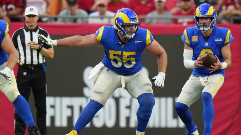 Los Angeles Rams centre Brian Allen (55) protects the pocket during an NFL football game against the Tampa Bay Buccaneers, Sunday, Nov. 6, 2022 in Tampa, Fla. (Peter Joneleit/AP)