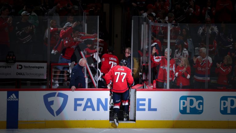 Washington Capitals right wing T.J. Oshie (77) exits the ice after being eliminated by the New York Rangers in Game 4 of an NHL hockey Stanley Cup first-round playoff series Sunday, April 28, 2024, in Washington. (Tom Brenner/AP)