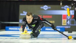 Brendan Bottcher prepares to release a rock during the Princess Auto Players' Championship Friday, April 12, 2024, in Toronto. (Anil Mungal/GSOC)
