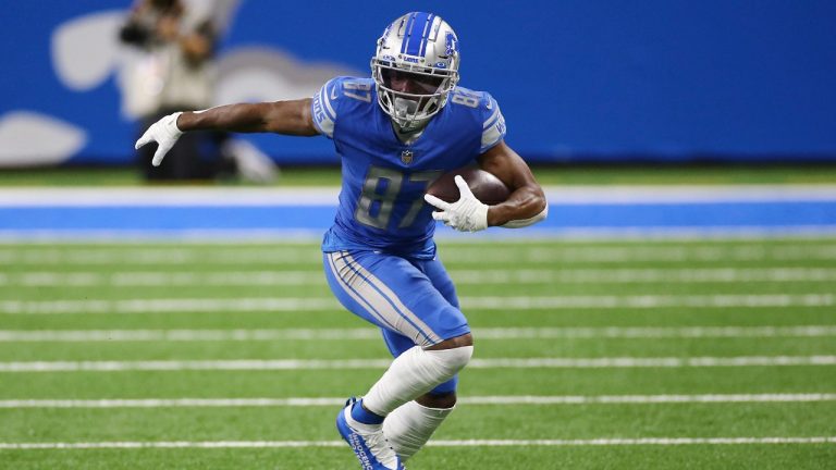 FILE - Detroit Lions wide receiver Quintez Cephus runs during the first half of an NFL football game against the Green Bay Packers, Sunday, Dec. 13, 2020, in Detroit. Previously suspended receiver Quintez Cephus is back in the league after signing a one-year contract with the Buffalo Bills on Monday, April 29, 2024. (Leon Halip/AP)
