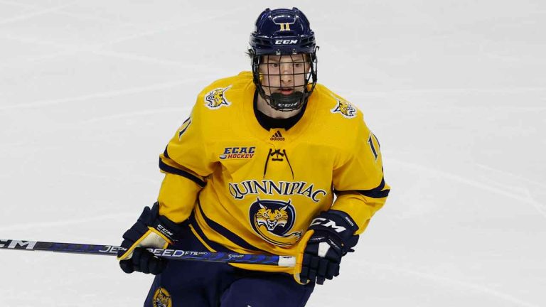 BRIDGEPORT, CT - MARCH 24: Collin Graf #11 of the Quinnipiac Bobcats skates against the Merrimack Warriors during the NCAA Division I Men's Ice Hockey Regional Championship Semifinal at Total Mortgage Arena. (Richard T Gagnon/Getty Images)
