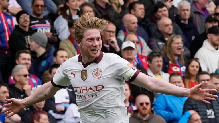 Manchester City's Kevin De Bruyne celebrates after scoring his side's fourth goal during the English Premier League soccer match between Crystal Palace and Manchester City at Selhurst Park stadium in London, Saturday, April 6, 2024.(Frank Augstein/AP)