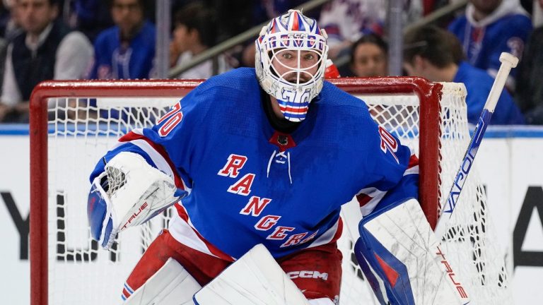 New York Rangers goaltender Louis Domingue protects his net during the second period of an NHL hockey game against the Minnesota Wild, Thursday, Nov. 9, 2023, in New York. (Frank Franklin II/AP Photo)