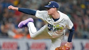 Tampa Bay Rays' Pete Fairbanks follows through on a pitch to the San Francisco Giants during the ninth inning of a baseball game Friday, April 12, 2024, in St. Petersburg, Fla. (Chris O'Meara/AP)