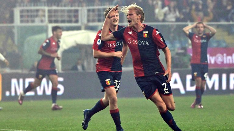 Genoa's Morten Thorsby, front, celebrates after scoring the opening goal during a Serie A soccer match between CFC Genoa 1893 and Cagliari Calcio in Genoa, Italy, Monday April 29, 2024. (Tano Pecoraro/LaPresse via AP)