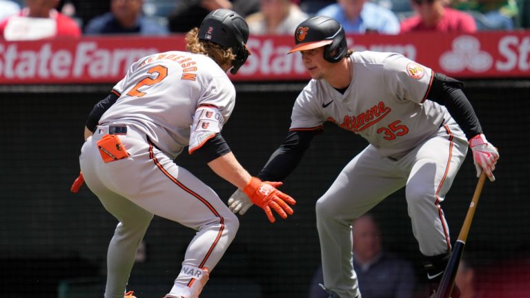 Baltimore Orioles' Gunnar Henderson (2) celebrates with designated hitter Adley Rutschman (35) after hitting a home run during the third inning of a baseball game against the Los Angeles Angels in Anaheim, Calif., Wednesday, April 24, 2024. (Ashley Landis/AP Photo)