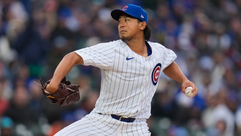 Chicago Cubs starting pitcher Shota Imanaga throws against the Colorado Rockies during the first inning of a baseball game Monday, April 1, 2024, in Chicago. (Erin Hooley/AP)