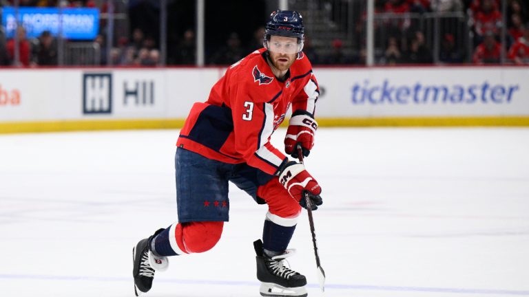 Washington Capitals defenceman Nick Jensen (3) in action during the first period of an NHL hockey game against the Detroit Red Wings, Tuesday, March 26, 2024, in Washington. (Nick Wass/AP)