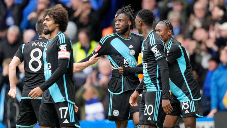 Leicester City's Stephy Mavididi, centre, celebrates with teammates after scoring his side's second goal during the FA Cup quarterfinal soccer match between Chelsea and Leicester City at Stamford Bridge in London, Sunday, March 17, 2024. (Dave Shopland/AP)