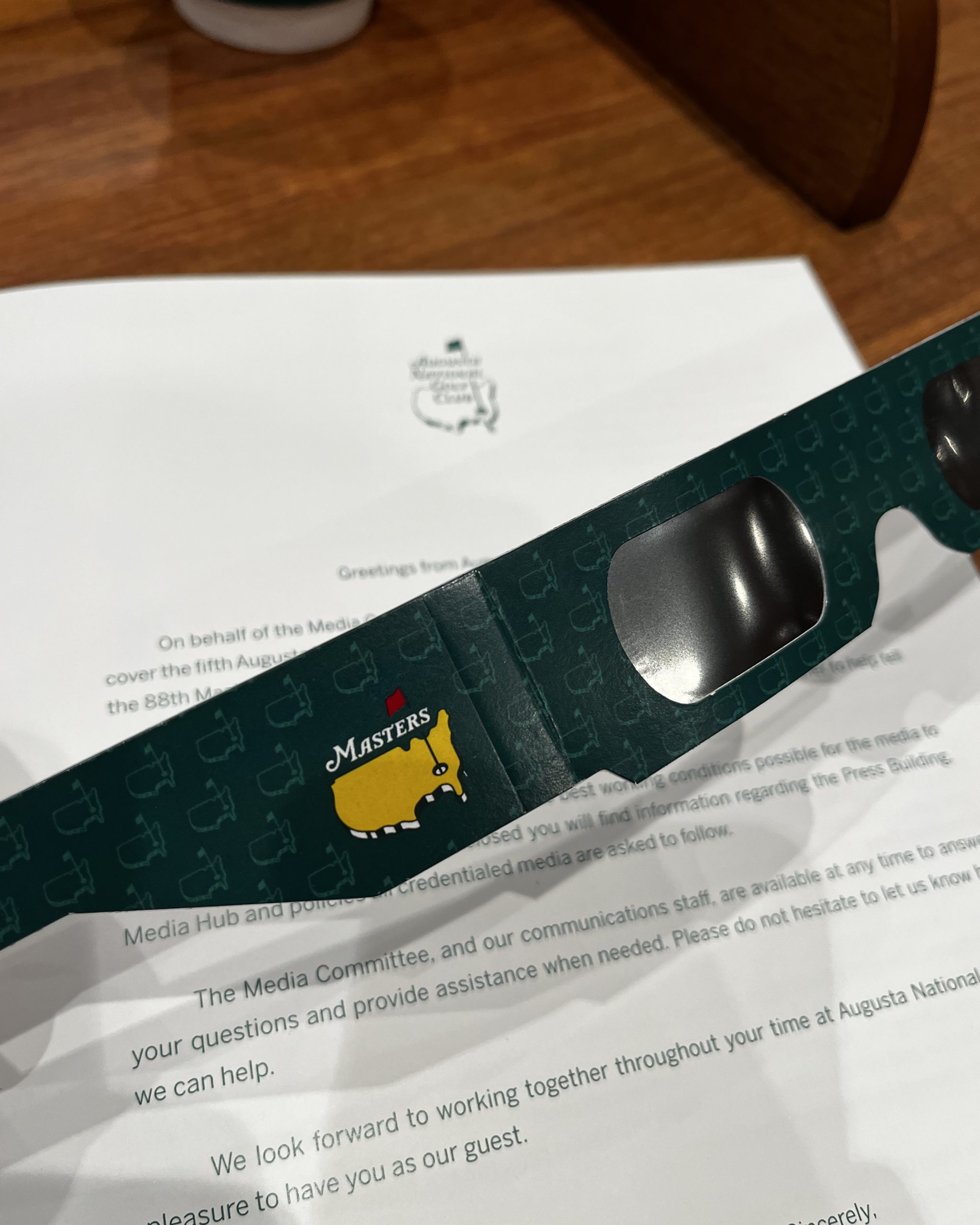 Glasses used to view the solar eclipse, handed out to players at the 2024 Masters Tournament. (Adam Stanley)