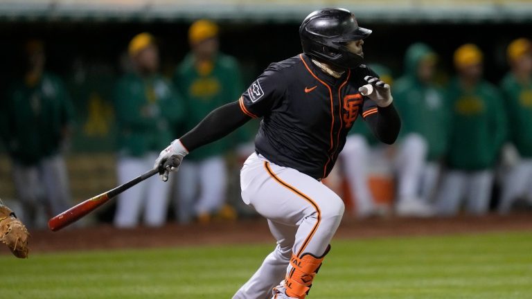 San Francisco Giants' Pablo Sandoval singles during the eighth inning of a spring training baseball game against the Oakland Athletics in Oakland, Calif., Monday, March 25, 2024. (Jeff Chiu/AP)