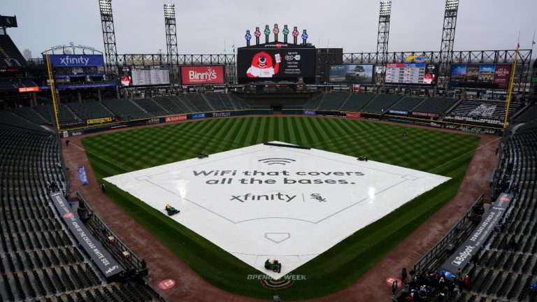 The tarp covers the infield before a baseball game between the Chicago White Sox and the Atlanta Braves in Chicago, Wednesday, April 3, 2024. (Nam Y. Huh/AP Photo)