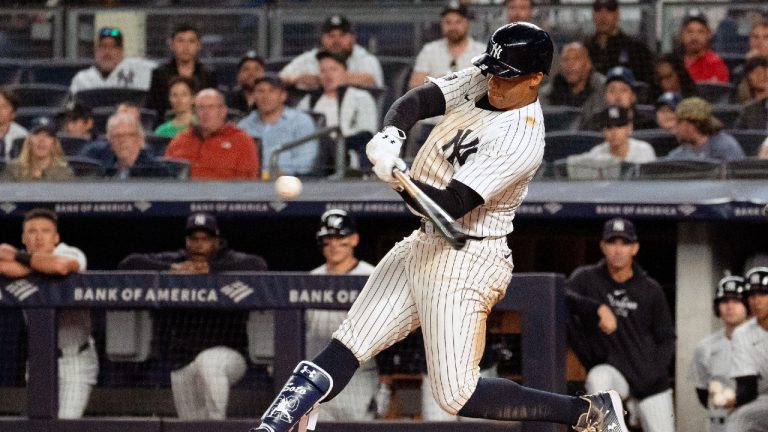 New York Yankees' Juan Soto swings at a pitch in the third inning of a baseball game, Tuesday, April 9, 2024, in New York. (Peter K. Afriyie/AP)