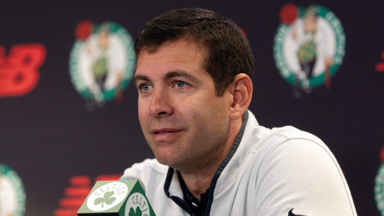 Boston Celtics president of basketball operations Brad Stevens speaks at a news conference during the NBA basketball team's media day, Monday, Oct. 2, 2023, in Boston. (Michael Dwyer/AP)
