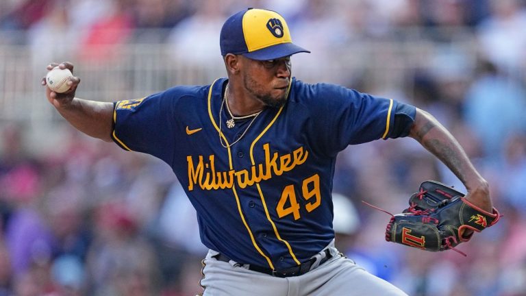 Milwaukee Brewers starting pitcher Julio Teheran delivers to an Atlanta Braves batter during the first inning of a baseball game Saturday, July 29, 2023, in Atlanta. (John Bazemore/AP Photo)