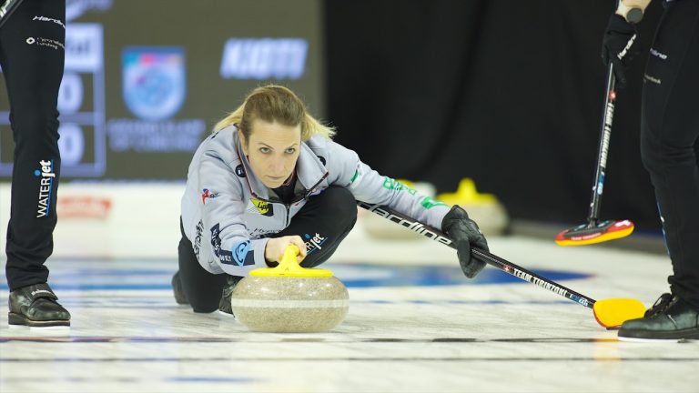 Silvana Tirinzoni in action during the 2024 Princess Auto Players' Championship on Thursday, April 11, 2024, in Toronto. (Anil Mungal/GSOC)